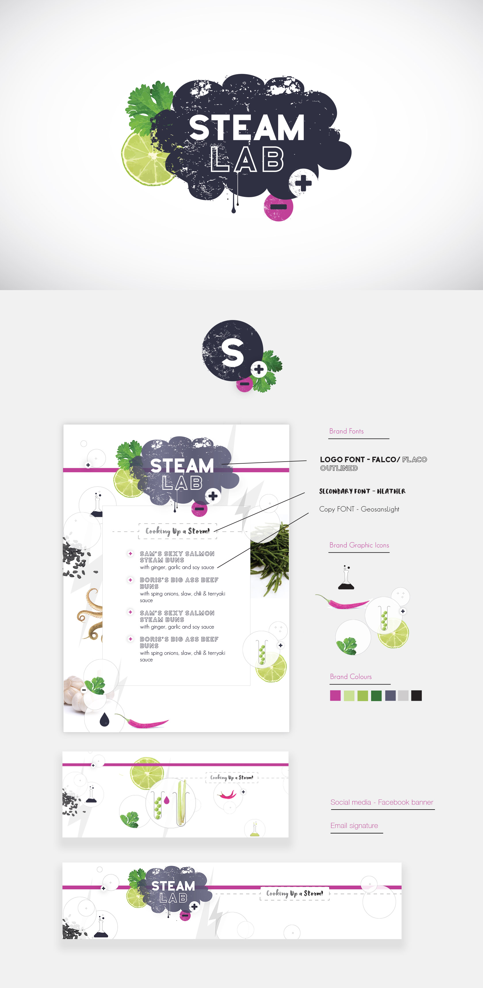 Branding design for a catering company logo, colour palette, fonts, illustrative brand assets, 
