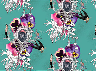 Wallpaper Design Dog Portrait This was an example of a customised wallpaper design for a residential client in West London. It uses botanical sketches I drew from plants I saw in Australia, photos to pansies I took in France and some vintage illustrations from my collection. The people show where the clients shots will go once we have photographed them in a studio and photoshopped them into the scene, with illustrations on top to give it more visual interest. I made headdresses and festival wear and I hoped their dog wouldn’t mind wearing one of the flower headdresses for the photoshoot. It can be added in after if it proves too difficult. I wanted to keep a classical wallpaper layout and composition with a central oval shape and classical architectural features. This gives the initial impression of an old style wallpaper but on closer inspection you can see it’s a modern interpretation. I like the idea of being able to find personalised elements in a wallpaper so there are multiple levels of enjoyment each time you see it. This customised wallpaper design with dog and flowers was designed for a bathroom. Bespoke customised wallpaper designs are available on request. You can request a slight change to an existing design to keep the cost down. Customised wallpaper design dog & flowers