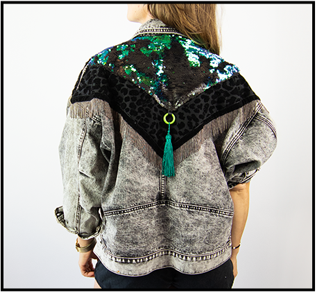sequin festival denim jacket with chain fringe