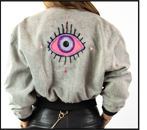 Cropped grey denim bomber with embroidered eye L