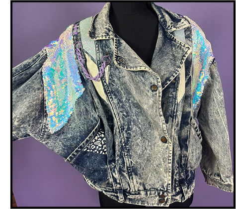 Holographic sequin grey denim jacket with lilac chain