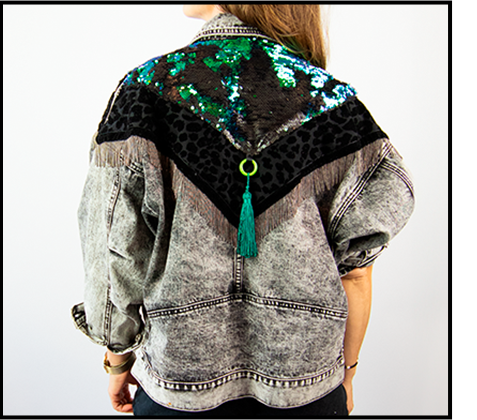 Leopard print green sequin chain fringe black denim jacket L