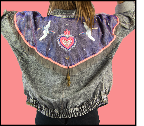 burning heart embroidered , chain fringe black denim jacket R