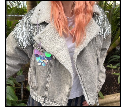 fleece lined greg denim silver sequin jacket.