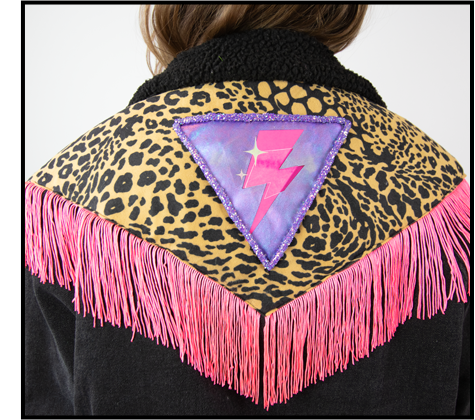 leopard print pink fringe black denim jacket R